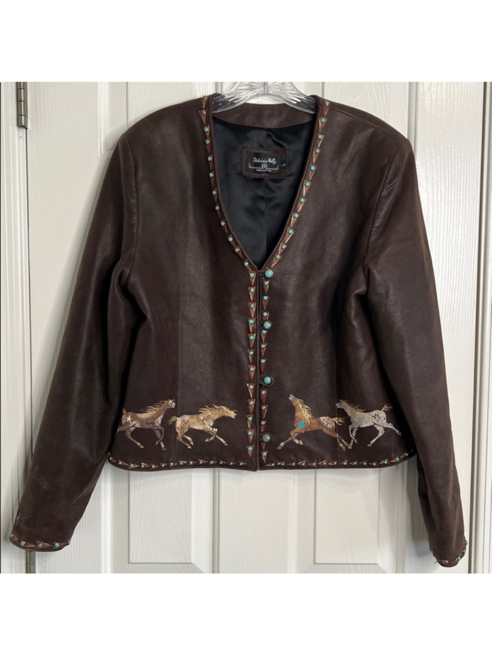 Patricia Wolf hand painted Indian ponies Leather Jacket Turquoise Studs L EUC - Picture 8 of 10